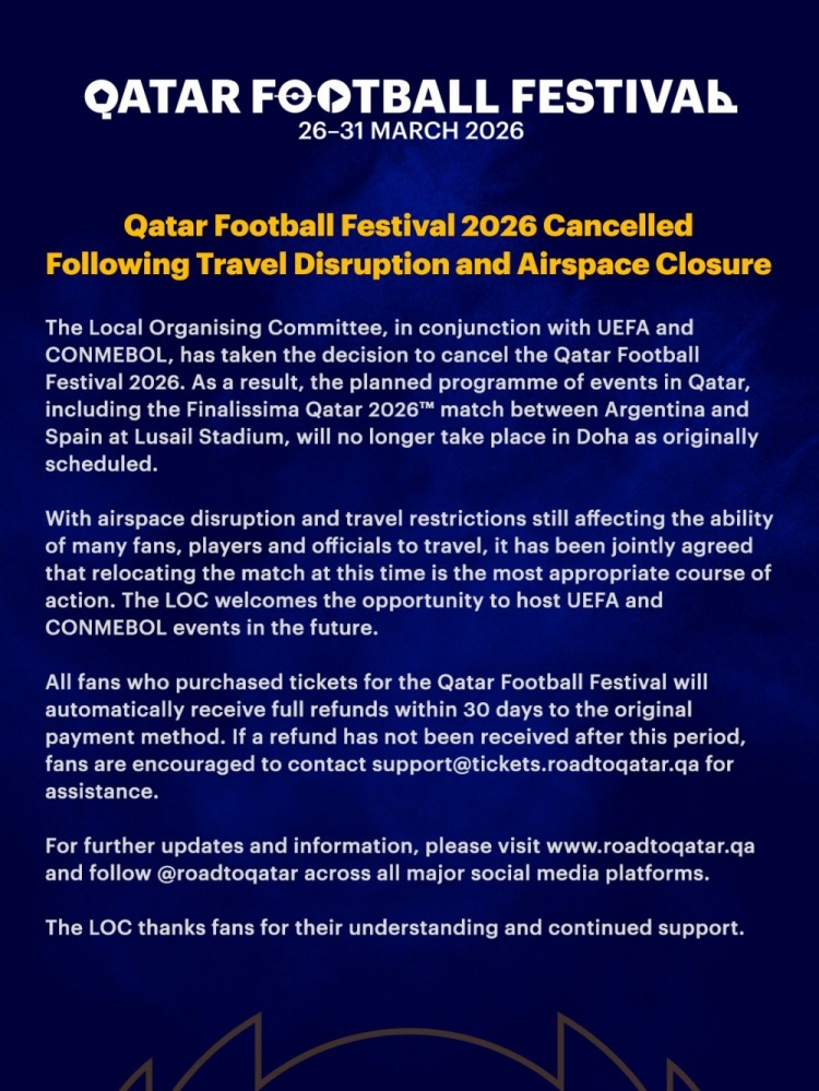 华体会官网-官方:2026年卡塔尔足球节因旅行中断和领空关闭取消